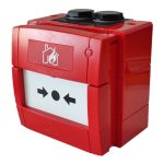 Pulsador de alarma por rotura de cristal de color rojo con resistencia de alarma de 470Ω para sistemas convencionales. Sin tapa